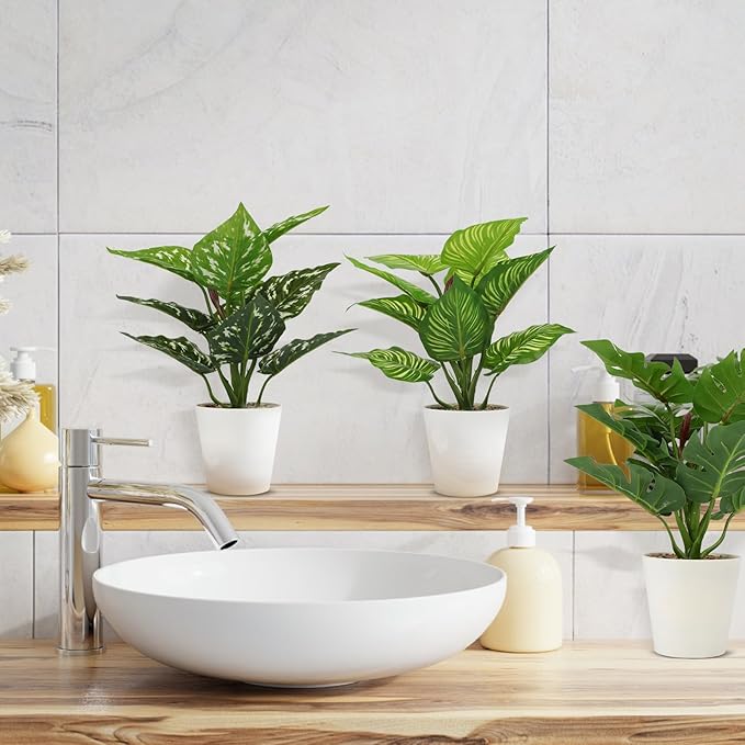 11.8 Inch 3 Pcs Small Fake Plants Artificial Potted Plant Indoor Faux Tropical Plant for Home Office Table Shelf Desktop Décor