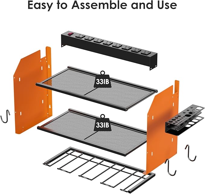 CCCEI Modular Power Tool Organizer Wall Mount with Charging Station. Garage 4 Drill Storage Shelf with Hooks, Drill Bit Heavy Duty Rack, Orange Tool Battery Holder Built in 8 Outlet Power Strip.