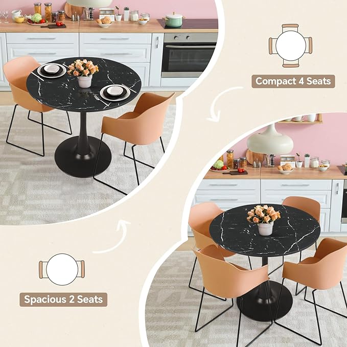 Small Space 27.5 Inch Black Faux Marble Round Tulip Dining Table - Mid Century Pedestal Base Kitchen Table for 2-4 People - Easy Assembly & Easy to Clean