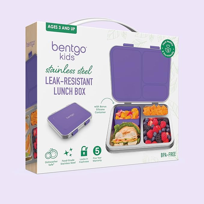Bentgo Kids Stainless Steel Leak-Resistant Lunch Box - 3-Compartments with Bonus Silicone Container, Durable, Eco-Friendly, Dishwasher Safe, BPA-Free, Ideal for School, Ages 3+ (Purple)