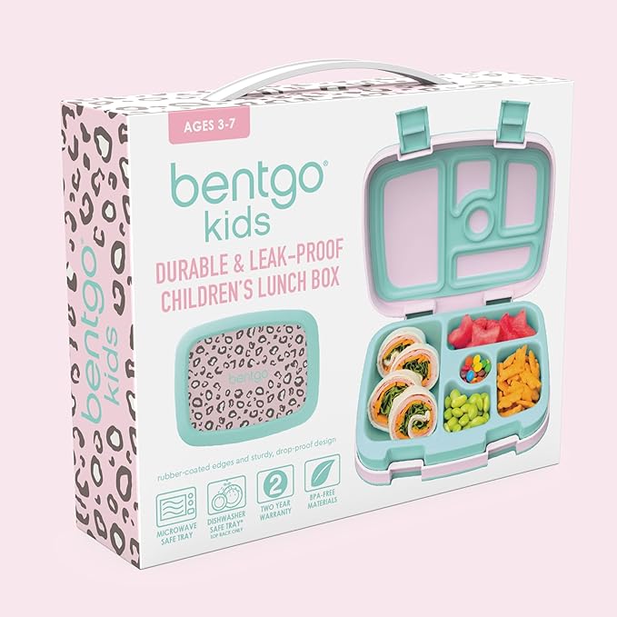 Bentgo Kids Prints Leak-Proof, 5-Compartment Bento-Style Kids Lunch Box - Ideal Portion Sizes for Ages 3-7, Durable, Drop-Proof, Dishwasher Safe, & PFAS & BPA-Free Materials (Leopard)