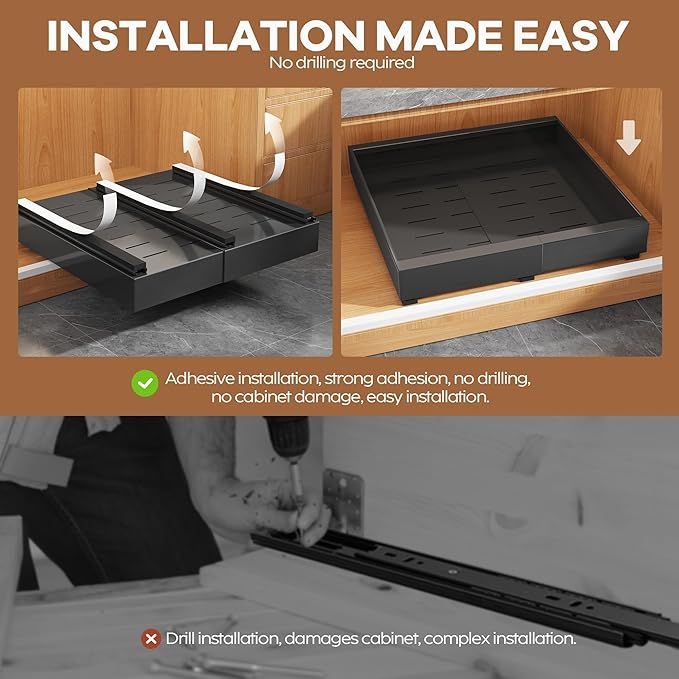 4Pack Expandable Pull Out Cabinet Organizer 21"Deep With Raising Pad for Framed Cabinets,Slide Out Drawers with 4pcs Divider Racks,Roll Out Shelves Adhesive,Adjustable Width 12.05"-20.4"Black