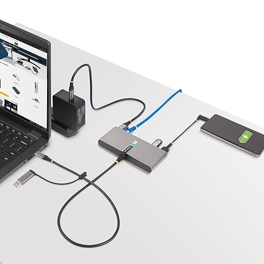 StarTech.com 2-Port USB-C Hub with Gb Ethernet and RS232 FTDI Serial, Attached USB-C to USB-A Dongle, 100W PD Pass-Through, 2X USB-A 5Gbps