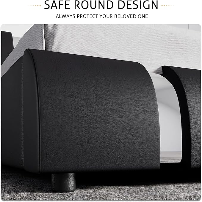 SHA CERLIN King Size Bed Frame with Iron Pieces Decor and Adjustable Headboard/Deluxe Upholstered Modern Platform Bed with Solid Wooden Slats Support/No Box Spring Needed, Black
