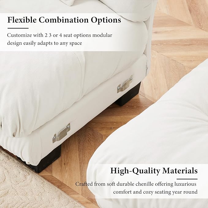 94.4" Loveseat Sofa, 2 Seater Modular Sectional Sofa, White Large Sectional Couches, Fluffy Chenille Cloud Couch with Ottoman, Deep Seat for Living Room, U Shaped