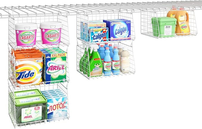 3-Tier Hanging Laundry Basket Organizer:Foldable Wire Shelf Laundry Room Organizer with 360°Rotating Hooks Small Space Solutions Closet Hanging Organizer - Laundry Organization, White Patent