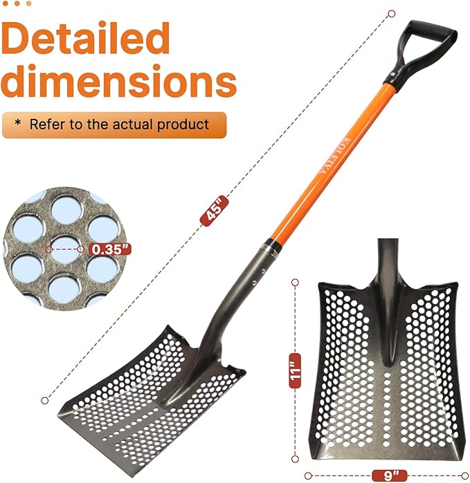 45in Sand Sifting Shovel with Orange Fiberglass Handle - Heavy Duty Slotted Shovel for Rocks, Chicken Coop, Gardening and Soil Sifting