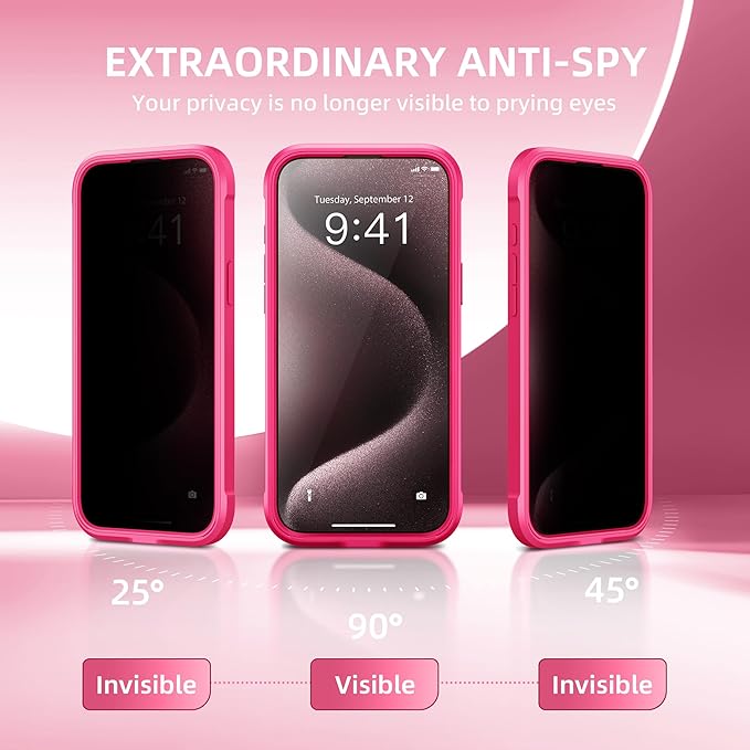 Magnetic for iPhone 15 Pro Max Case, Compatible with MagSafe, Built-in Privacy Screen Protector and Camera Protection, Anti Spy Full Body Dustproof Shockproof Hard Phone Case 6.7", Hot Pink