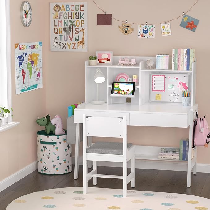 GDLF Kids Study Desk and Chair Set, Adjustable Children Study Table with Chair, Kids Wooden Desk with Hutch, Drawers, Book Stand, Whiteboard and Fabric Storage Bag for 5-12 Years Old