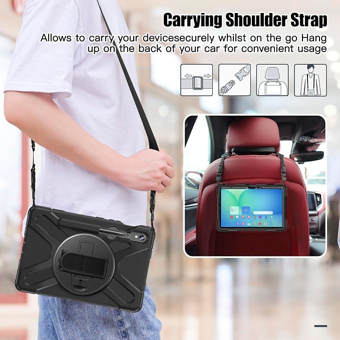 Case for Galaxy Tab S10 FE+ 13.1 2025 with Screen Protector+360 Rotating Hand Strap&Stand+Shoulder Strap (Black)