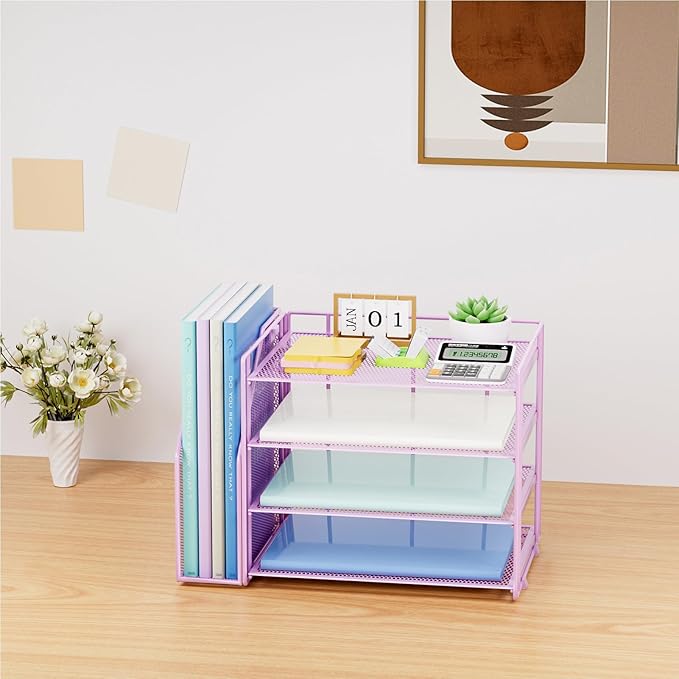 Marbrasse Desk Organizer and Accessories,4-Tier Paper Letter Tray Organizer with File Holder,Desk Accessories & Workspace Desktop Organizers for School Home Office Supplies (Purple)