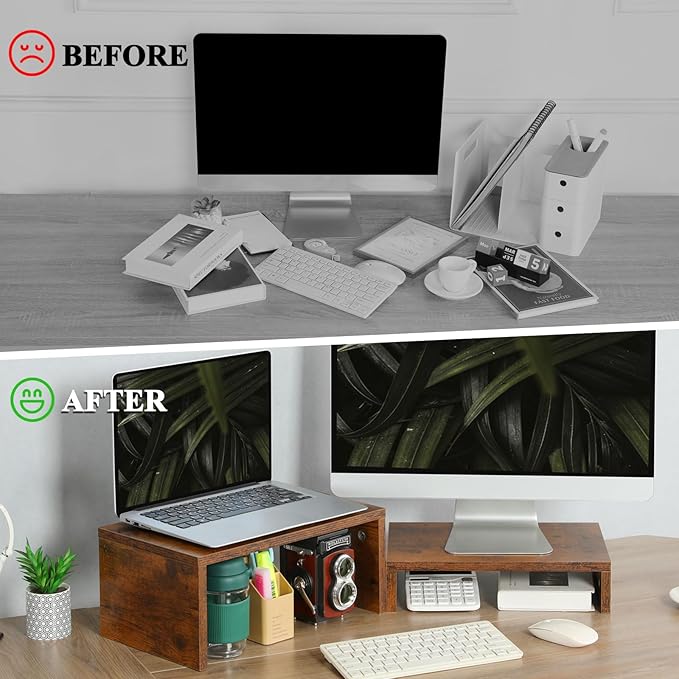 TEAMIX 2 Pack Monitor Stand Riser Rustic Brown,Wood 2 Tier Adjustable Monitor Stand Dual Monitor Riser for 2 Monitors/Laptop/PC Computer Stand Desktop Space Saver…