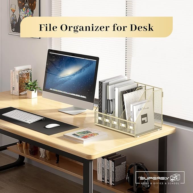 SUPEASY Desk Organizers Metal Desk Magazine File Holder with 5 Vertical Compartments Rack File Organizer for Office Desktop, Home Workspace, Golden Yellow