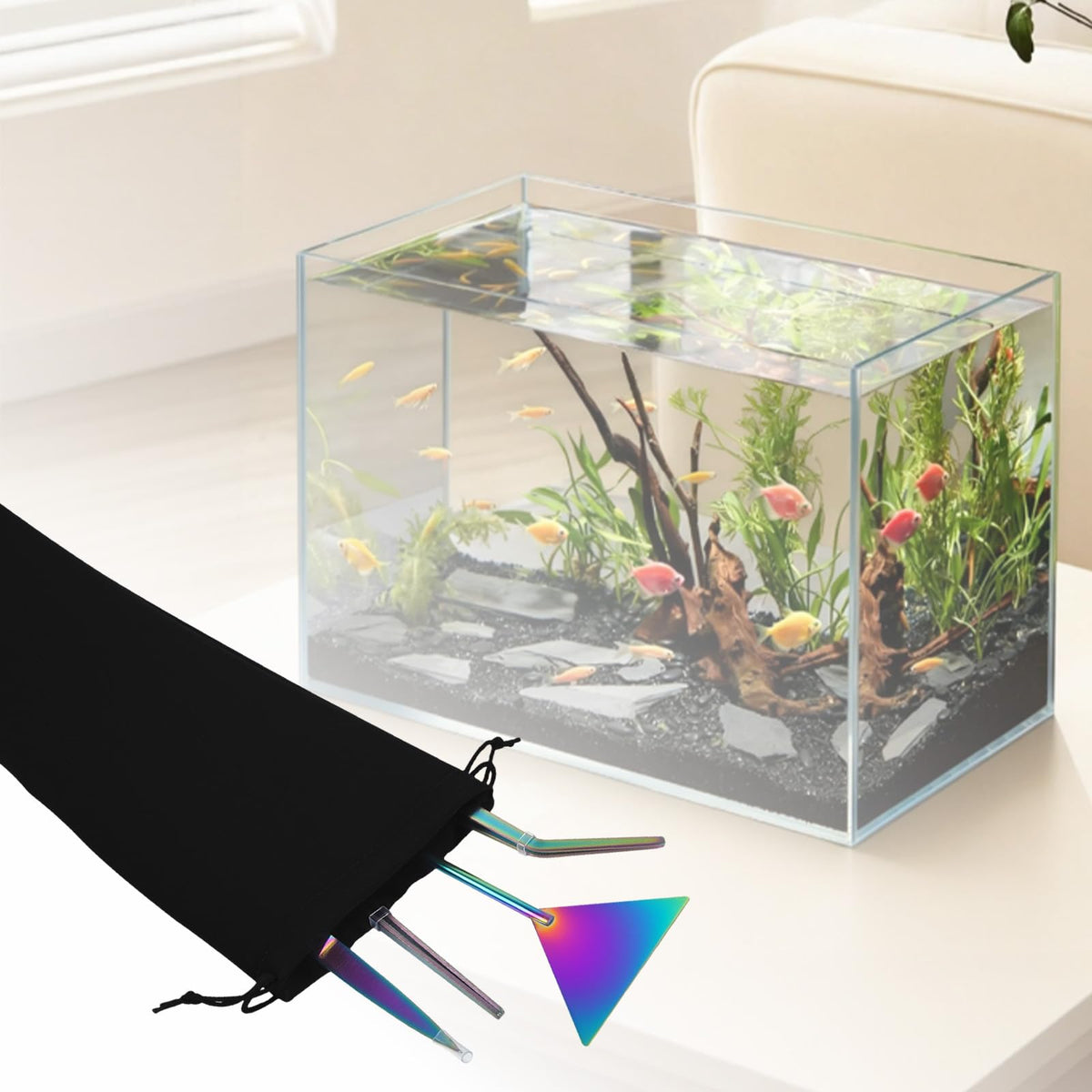 Funnytek 15Inch Extra Long Design Aquarium Aquascaping Tool Stainless Steel Aquascape Tool Kit 4 in 1 Anti-Rust Fish Tank Starter Kit with Long Tweezers Scissors Spatula for Aquarium Plants (Colorful)