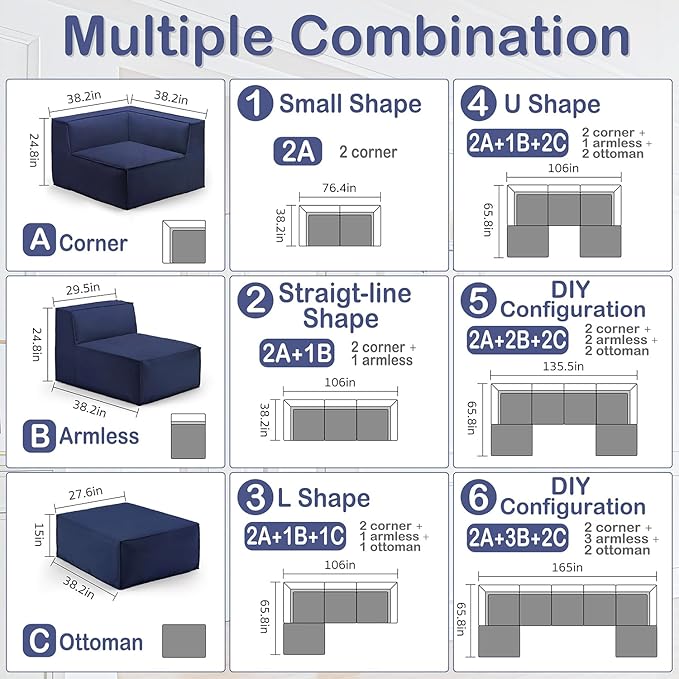 76" Sectional Compressed Sofa Modular Couches Loveseat 2 Deep Seat,High-Density Foam No Assembly Required,2-Piece(2xCorner) for Living Room Fabric Chenille Blue