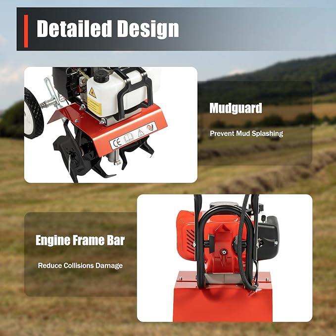 Garden Tiller Cultivator 52CC 2 Stroke Gasoline Powered Land Cultivator Yard Tiller Rototiler for Garden Lawn Digging Weed Removal Soil Cultivation