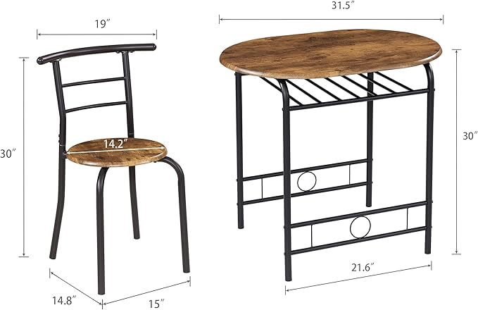VECELO 3-Piece Dining Table Set for Kitchen Breakfast Nook, Wood Grain Oval Tabletop and Metal Frame with Built-in Wine Rack, for Small Spaces, 31.5", Antique & Black