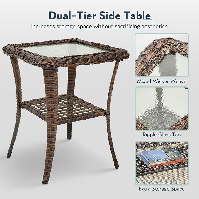 Outdoor Swivel Glider Chairs - 3 Pieces Hollow Widen Armrests Wicker Patio Furniture Set with Side Table, High Back Outside Swivel Rocker for Balcony Porch Deck and Yard - Brown/Beige