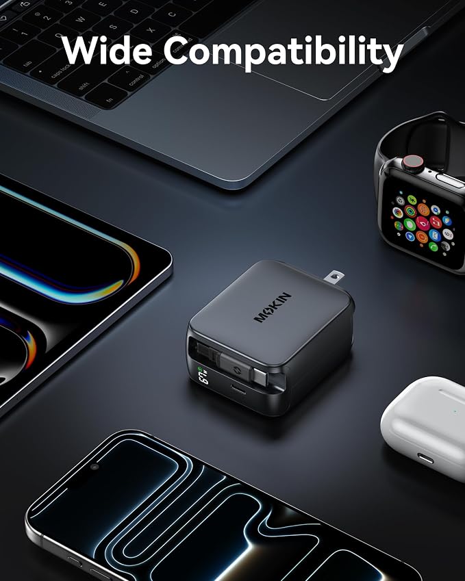 Retractable USB C Charger 67W 2-Port Fast Charger with Retractable Cables and Foldable Plug