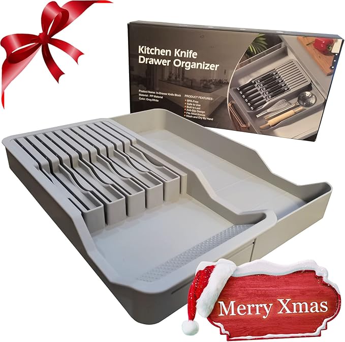Mulikeer Expandable Drawer Knife Insert Organizer - Plastic Knife Storage Tray for Kitchen Drawers, Adjustable to Fit 11 Knives & Utensils, BPA-Free, Ventilated, Space-Saving, Easy to Clean