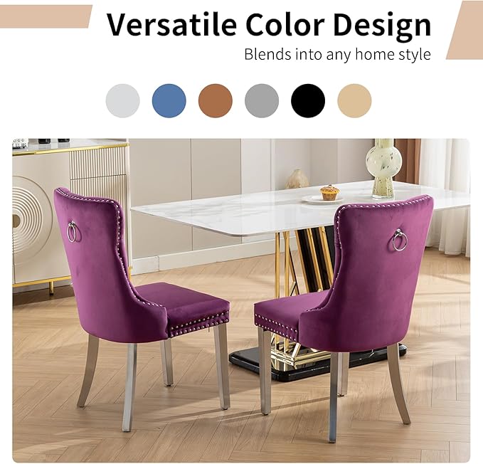 Luxury Upholstered Dining Chairs Set of 8, Purple Kitchen Chair with Silver Metal Legs, Velvet Tufted Back Dining Chair, Sillas de Comedor, Modern Kitchen & Dining Room Chairs (Purple, 8 Pcs)