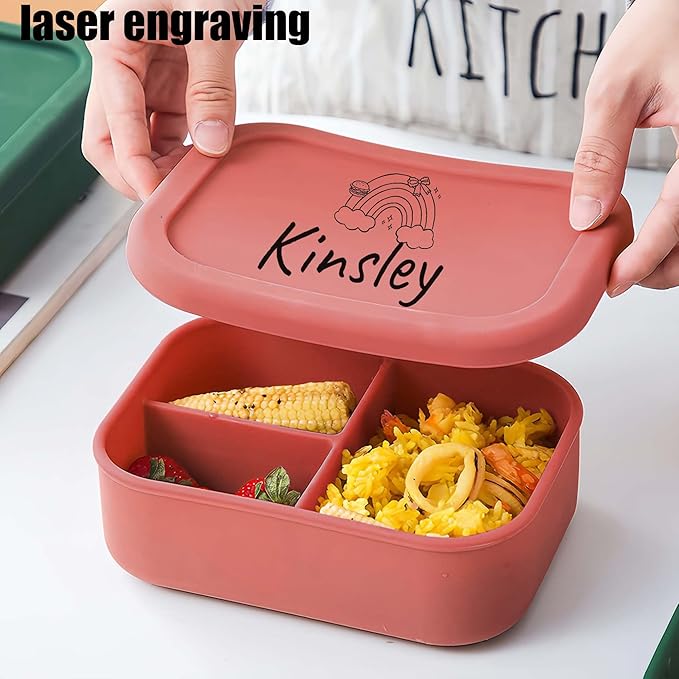 Blireana Custom Silicone Bento Box | Personalized Lunch Box with Engraved Name/Logo | Lunch Containers for Work Travel Outdoor with 3 Compartment