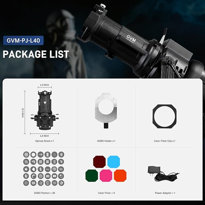 GVM Conical Optical Snoot Kit, Spotlight Snoot Photography with 40° Projection Lens, 30 Gobos and 5 Color Filters, Adjustable Focus Bowens Mount Snoot for Studio LED Video Lights Flash Up to 600W