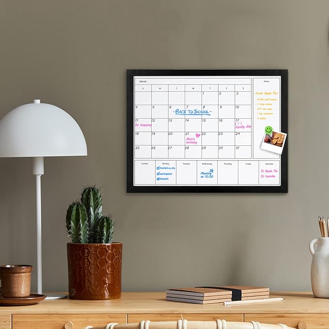 3-in-1 Dry Erase Calendar for Wall, 17x13 inches Magnetic Surface Monthly & Weekly Planner Whiteboard, Dry Erase Board with Black Wood Frame, Hanging White Board Calendar(YL+ZL-BK,4333)
