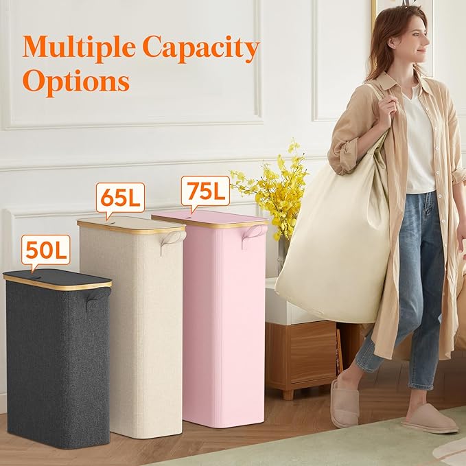 Lifewit 65L Slim Laundry Hamper with Lid, Narrow Laundry Basket with Removable Bag & Bamboo Handles, Fodable Thin Dirty Clothes Hamper for Laundry Collapsible Bin for Bathroom Bedroom Dorm, Gray
