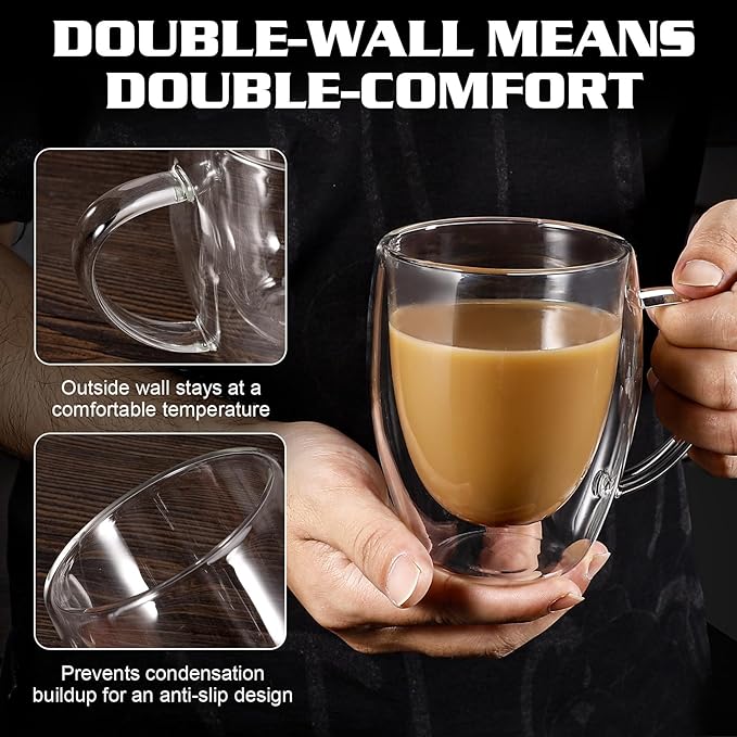 Clear Glass Double Wall Insulated Round Coffee Mugs Set of 2 Pieces - Medium Size 12oz Best Reusable Coffee Mug for Home Cafe Restaurant Perfect for Espresso Capucinno Lungo Latte Coffee