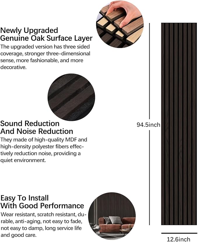 ARMURO Wood Panels for Wall, Wood Slat Wall Panel - 2 Pack, Black Wood Slats for Wall, Natural Smoked Wood Veneer Accent Wall Panels, Acoustic Slat Wood Wall Panels - 12.6" W x 94.5" L