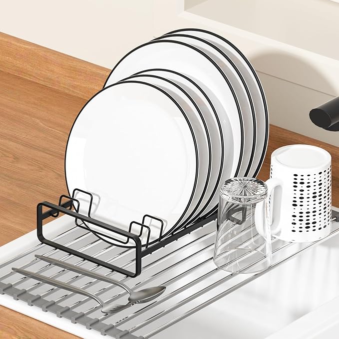 2 Pack Plate Holders Organizers 8 Slots Upright Cabinet Dish Drying Racks Metal Plate Stands (for 6In. 10In. Plates) Dish Organizers for Countertop and Cupboard(at Least 11.2in.Height) Black