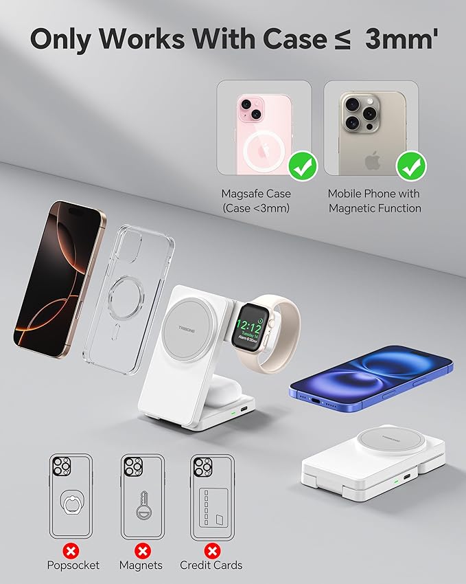 3 in 1 Charging Station for iPhone 16/15/14/13/12 Series, Wireless Charger for Apple Watch,Travel Magnetic Charging Stand for AirPods (White Grey)