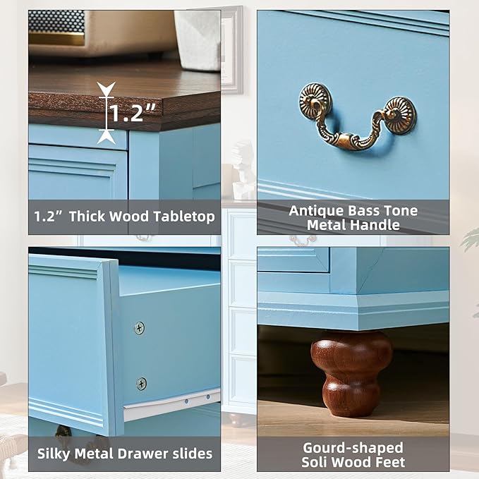 Farmhouse Furniture Sets, 24" Wide Farmhouse Nightstand Set of 2, 37" Tall Rustic Chests of Drawers w/ 4 Solid Wood Feet for Bedroom, LightBlue