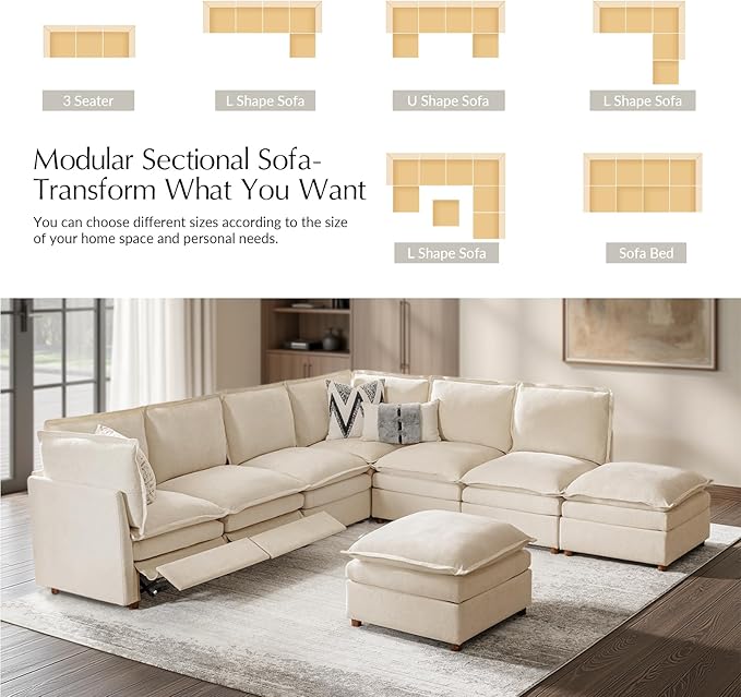 HULALA HOME 128'' Power Recliner Sofa with Dual-Layered Cushions, Oversized Modular Sectional Sofa L Shaped Couch with Storage Ottoman, 8 Seater Cloud Couch for Living Room, Beige