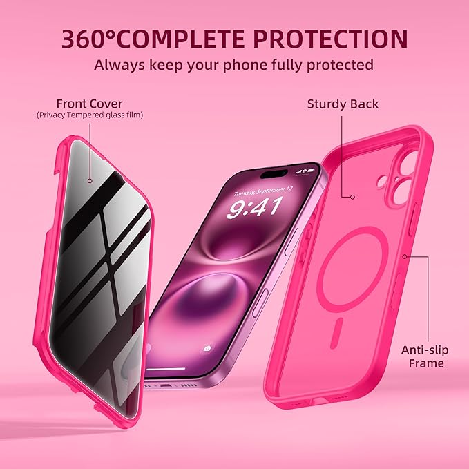 BERFY Magnetic for iPhone 16 Case, Compatible with MagSafe, Built-in Privacy Screen Protector and Upgraded Camera Protection, Anti-Spy Full Body Shockproof Phone Case for 16 6.1", Hot Pink