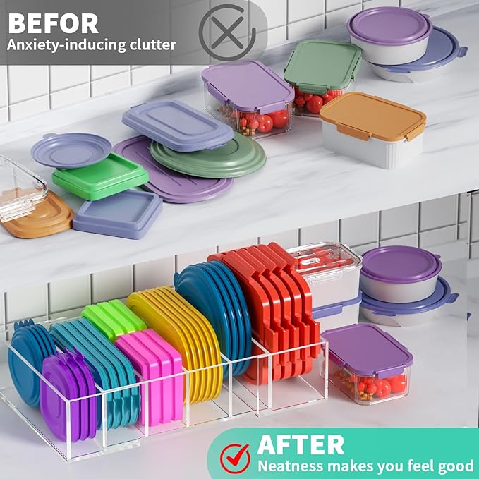 YUNEASELF Expandable Lid Storage Organizer: Kitchen Food Container Lids Organizer for Cabinet - Acrylic Extra Large 10-18" Food Storage Container Holder for Cabinets Cupboards Pantry Drawer