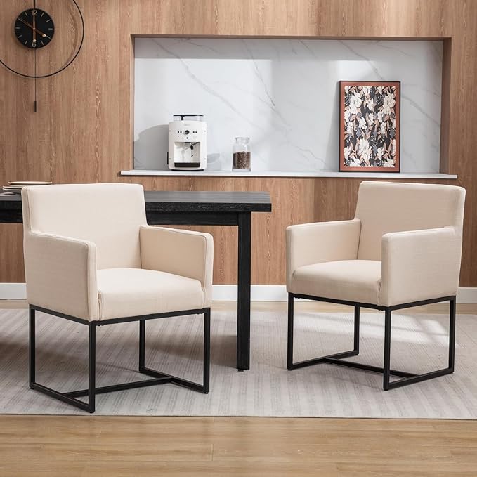 Linen Upholstered Dining Chairs with Arms Set of 6 Mid Century Modern Accent Chairs Armchairs with Black Metal Frame, Modern Kitchen & Dining Room Chairs, Cream
