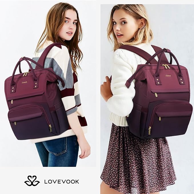 LOVEVOOK Gradient Laptop Backpack for Women,15.6 Inch Work Computer Bakcpack Purse Laptop Bag With Anti-Theft Pocket,Waterproof Carry on Teacher College Backpack for Travel,Purple-Red