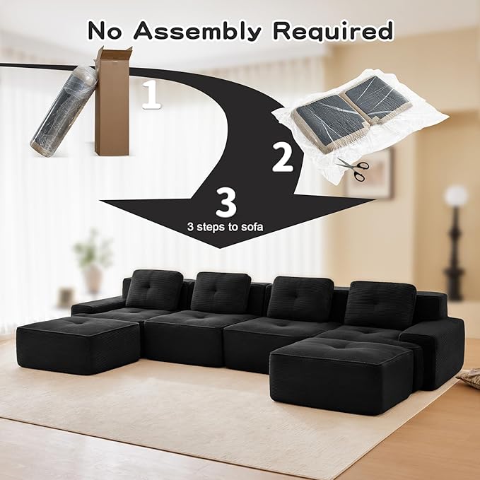 150" Modern Compressed Boneless Couch with Ottoman, 4 Seater Large U Shaped Sectional Couches for Living Room, Black Corduroy Cloud Modular Sectional Sofa, Memory Foam, Extra Deep, No Assembly
