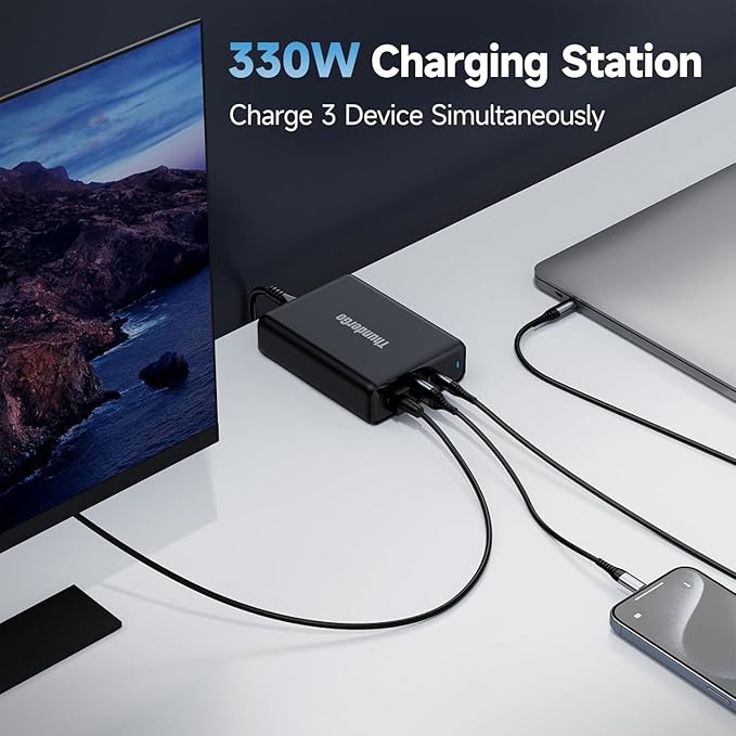 330W USB C Charger, Fast Compact 3-Ports GaN Charger PD 3.0 Fast Charging Station for MacBook Pro/Air, iPhone, iPad Pro, Dell XPS, Galaxy, Pixel, Apple Watch, and More