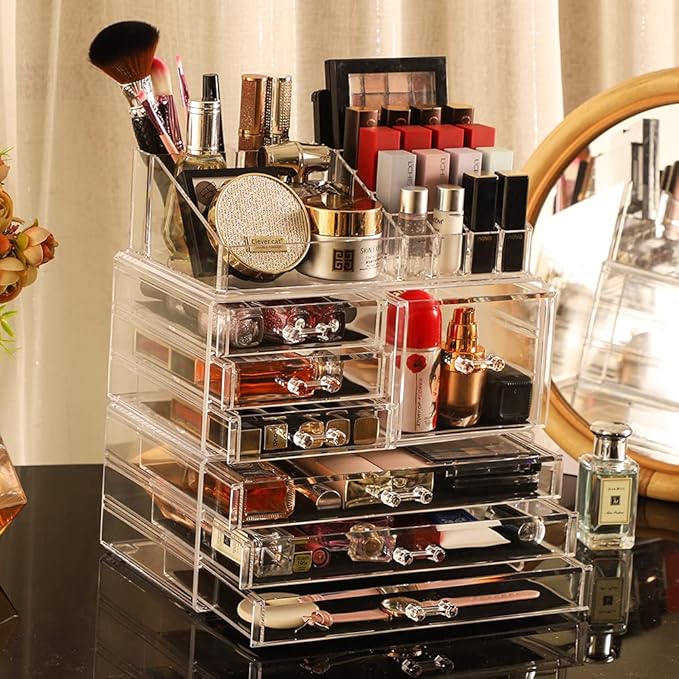 Cq acrylic 3 Pack Clear Make Up Organizers for Vanity,Stackable 7 Drawers Make Up Organizer,Cute Desk Organizer for Vanity Jewelry,Hair Clip,Beauty,Skincare Product Dresser Acrylic Drawer Organizer