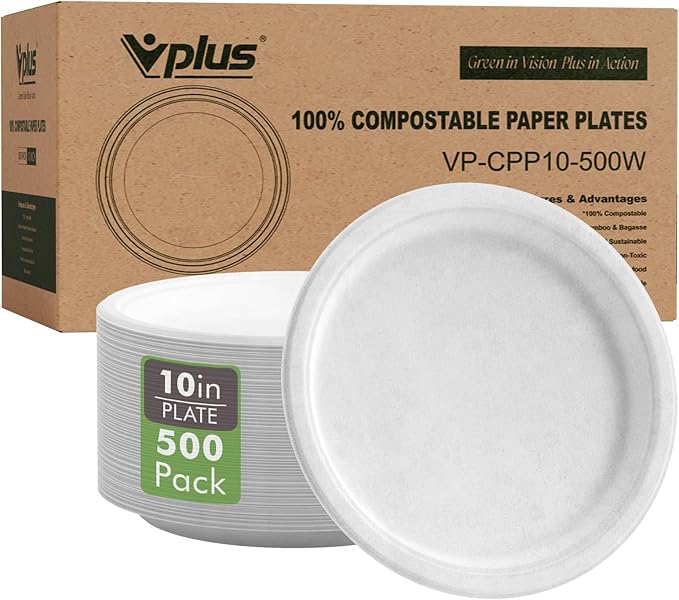 Vplus 500 Pack Compostable Bagasse Paper Plates 10.25 inch, Nature