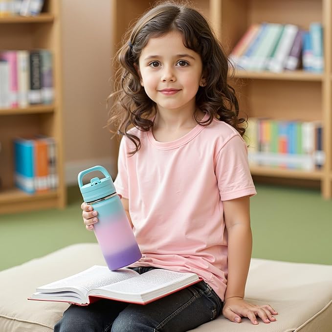 12oz Kids Water Bottle for School, Toddler Bottles with Straws, Stainless Steel Vacuum Insulated Water Bottle for Boys&Girls, Leak-Proof, BPA-Free, Green
