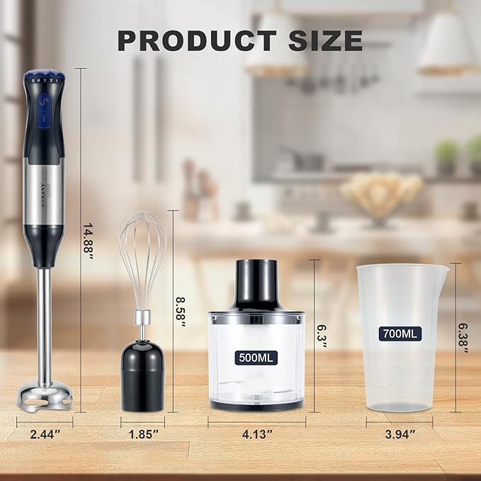 freebala Immersion Blender, 4 in 1 Hand Bender Max 1000W, 5 Speeds & Turbo with Copper Motor Stainless Steel Blade, Handheld Blender Stick Mixer with Egg Whisk, 700ml Beaker & 500ml Chopper Bowl