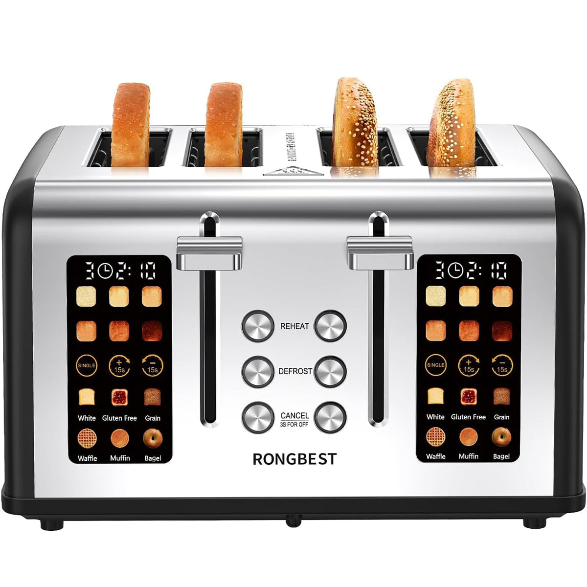 4 Slice Touch Screen Toaster with Wide Slots Stainless Steel Digital Toasters for Family Breakfast, Even Toasting for Bagel & Bread, Reheat Defrost Cancel, Removable Crumb Tray, Silver