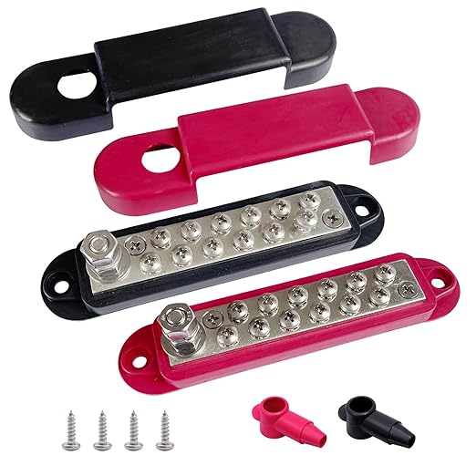 1/4" Stud Power Distribution Block Bus Bar with 12 x #8 Screws, Ampper 5.3" 12V 150A Marine BusBar Battery Distribution Block W/Cover for Car Audio Boat Solar (Red & Black)