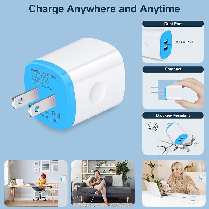 USB Charger Wall Plug iPhone Charging BoxAndHot 5Pack Home Travel 2.1Amp Dual Port Fast Wall Charger Quick Charging Block Cube Brick for iPhone 17 16e 16 15 14 13 12 Pro Max XR X 8SamsungAndroid