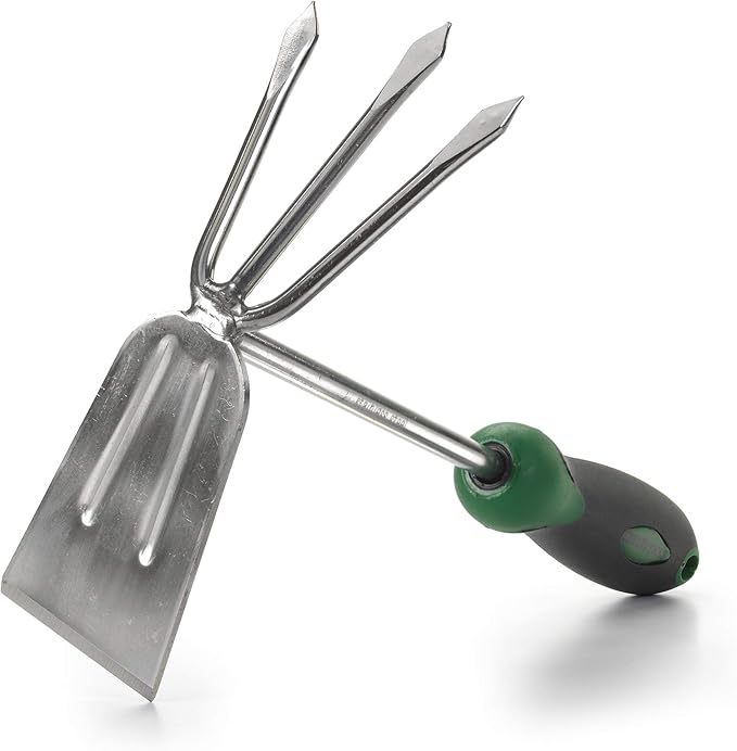 Edward Tools Stainless Steel Hoe and Cultivator - Hand Tiller for Gardening, Weeding, Tilling Soil - Heavy Duty Bend-Proof Stainless Steel Fork and Blade - Rust Proof Finish - Ergo Rubber Handle
