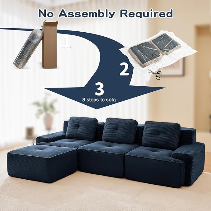 115" Modern Compressed Boneless Couch with Ottoman, 3 Seater Large L Shaped Sectional Couches for Living Room, Blue Corduroy Cloud Modular Sectional Sofa, Memory Foam, Extra Deep, No Assembly